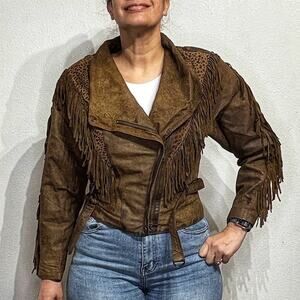 Verducci Brown Leather Moto Vintage Fringe Jacket Sz M